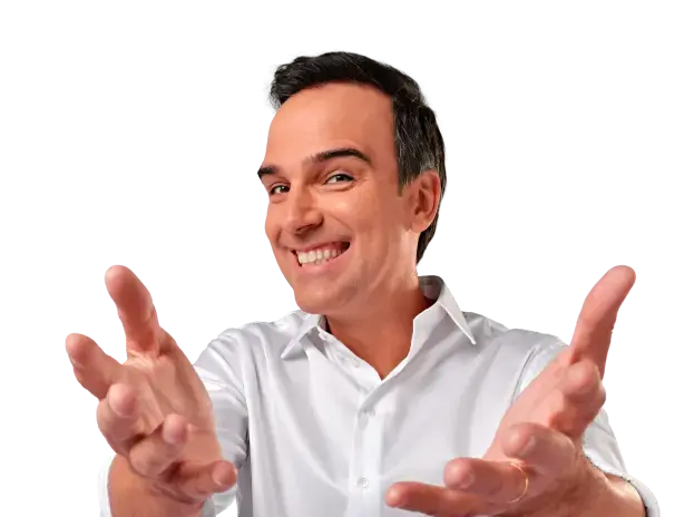 Apresentador da campanha Ademicon com os braços abertos